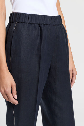 Pure linen gabardine trousers with elastic