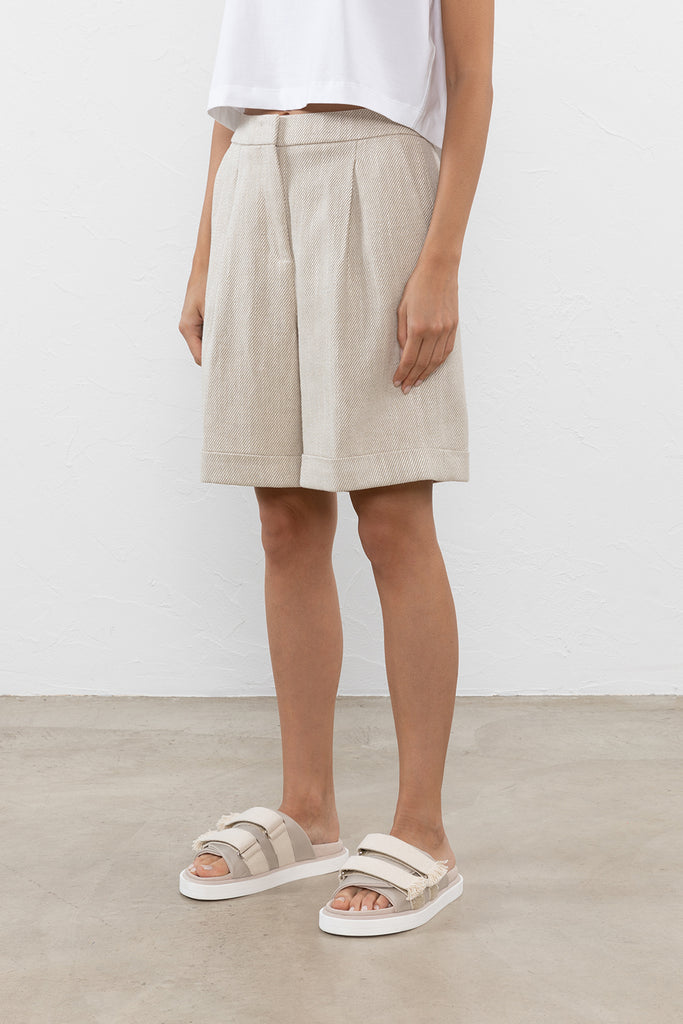 Twill weave  raw linen, viscose and cotton blend shorts  
