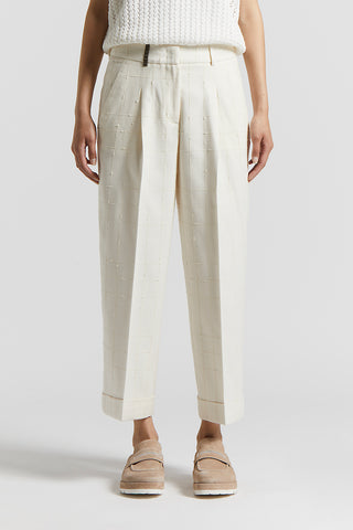 Matting trousers with plain-coloured bouclè windowpane pattern