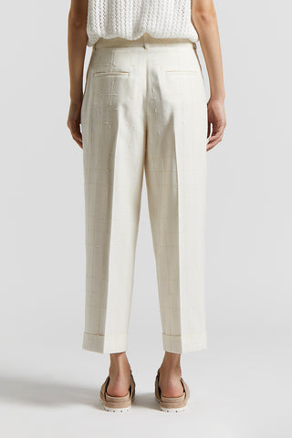 Matting trousers with plain-coloured bouclè windowpane pattern