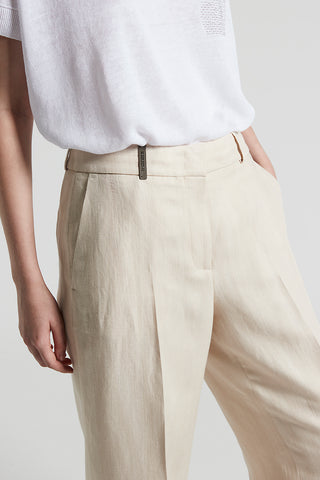 Herringbone trousers in yarn-dyed viscose and linen