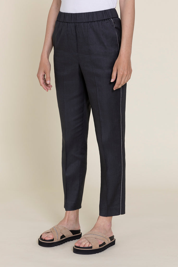 Trousers with elastic waistband in stretch cotton linen viscose gabardine  