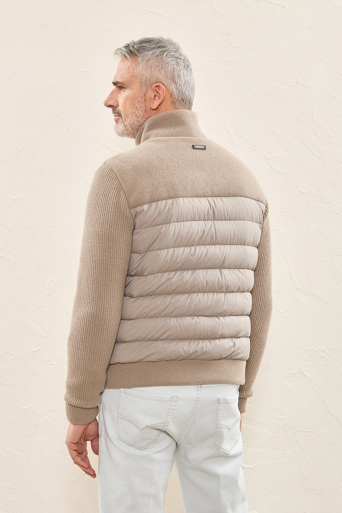 Microfibre and knitted dual-material puffer jacket  