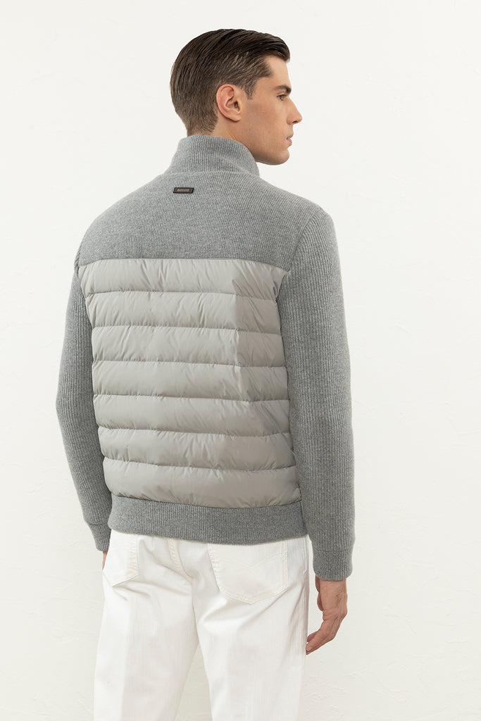 Microfibre and knitted dual-material puffer jacket  