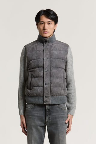 Gilet in piuma e vera pelle scamosciata