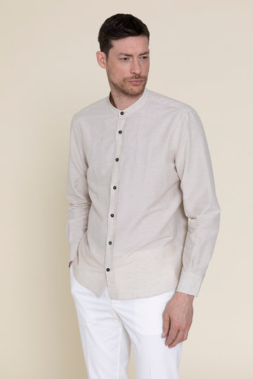 Shirt with mandarin collar in light cotton and linen  
