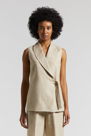 Linen and silk herringbone design buttoned double-breasted waistcoat