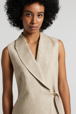 Linen and silk herringbone design buttoned double-breasted waistcoat