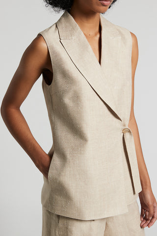 Linen and silk herringbone design buttoned double-breasted waistcoat