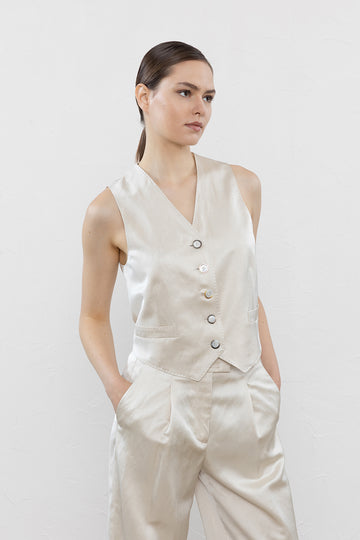 Shiny viscose, linen and cotton twill single-breasted vest  