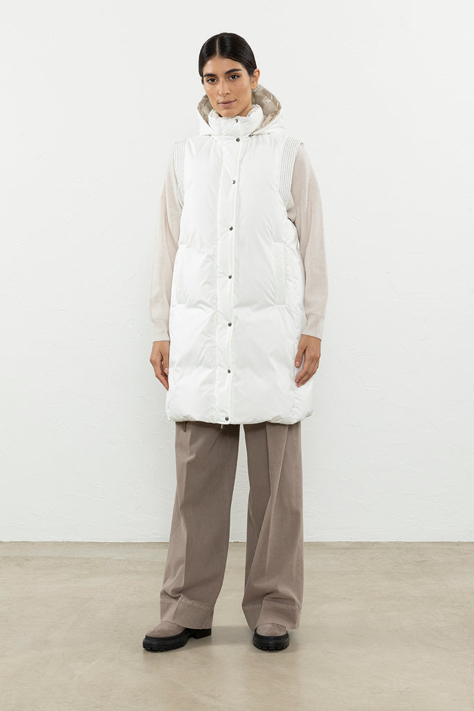 Down filled coated microfibre long vest  