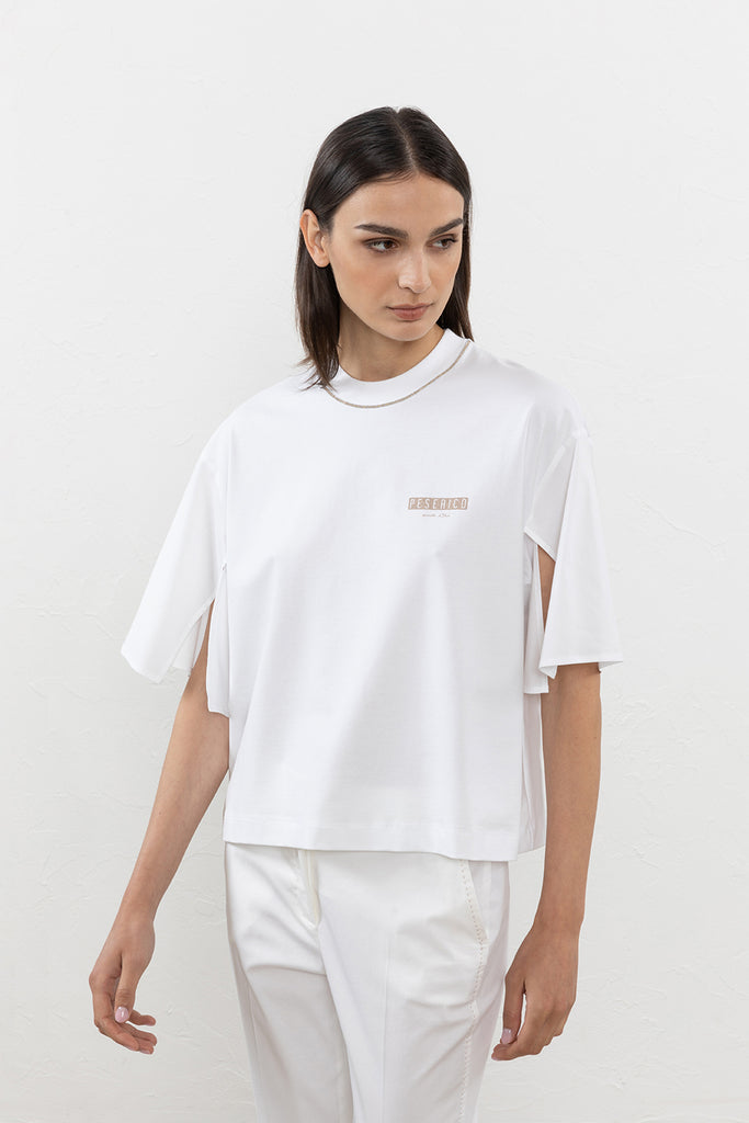 Jersey and cotton poplin T-shirt with slit sleeves  