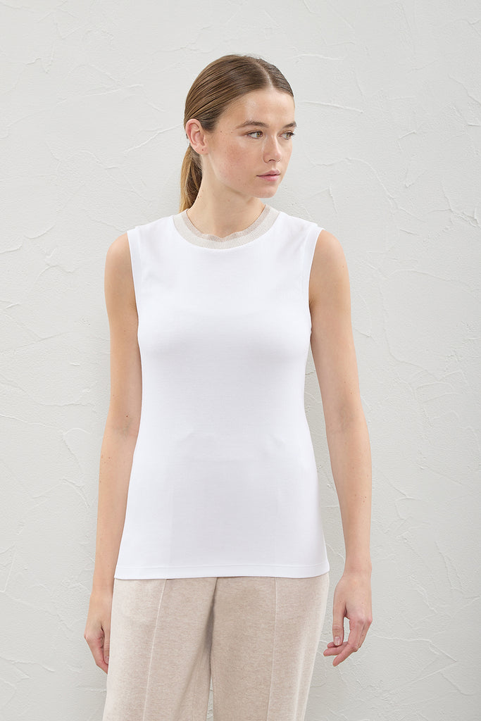 Ribbed cotton top with knitted neckline  