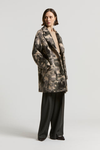 Camouflage midi coat in alpaca and jacquard wool