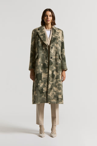 Long camouflage coat in alpaca and wool