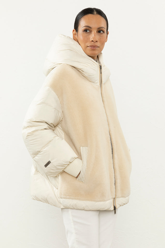 Oversize sheepskin and nylon down-filled puffer coat  
