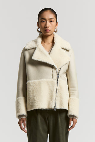 Shearling biker jacket with down inserts