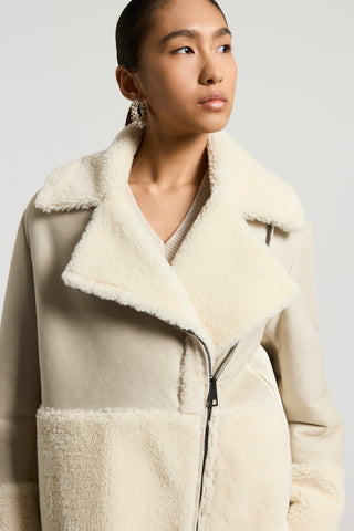 Shearling biker jacket with down inserts