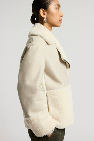 Shearling biker jacket with down inserts