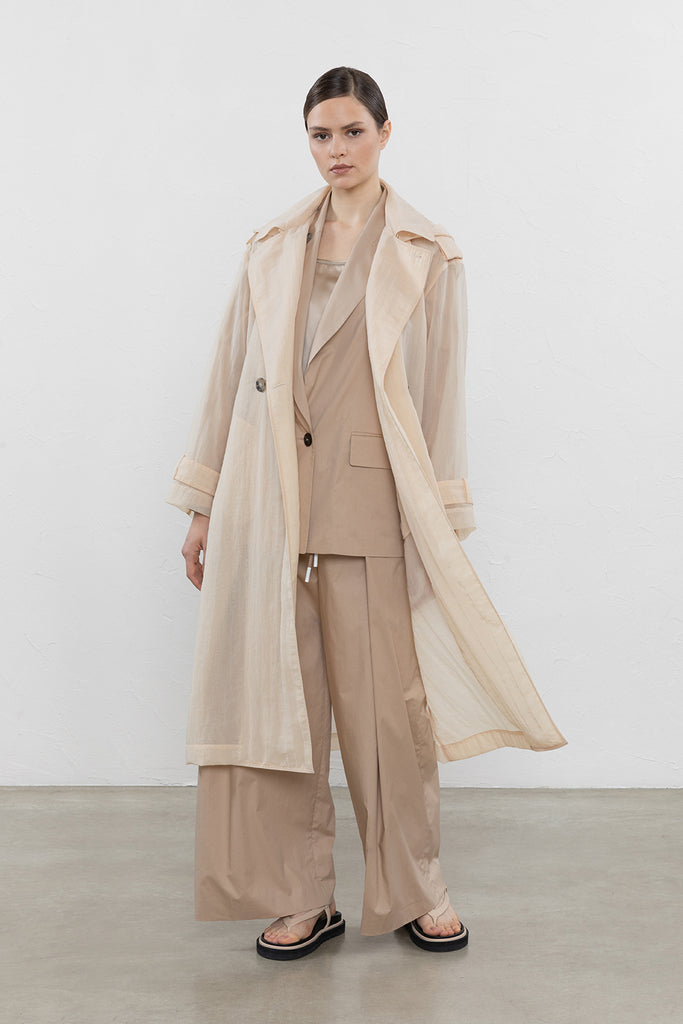 Technical organza double-breasted trench coat  