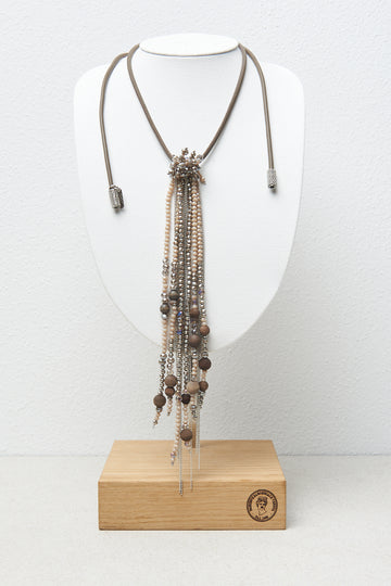 Necklace with crystal, leather and painted wooden beads  