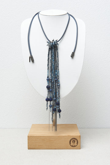 Necklace with crystal, leather and painted wooden beads  