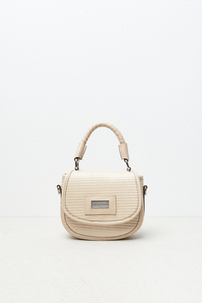 Braided straw-effect fabric and leather handbag  