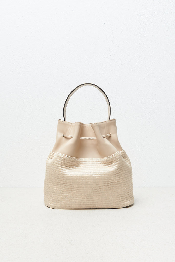 Straw-effect and leather bucket bag  