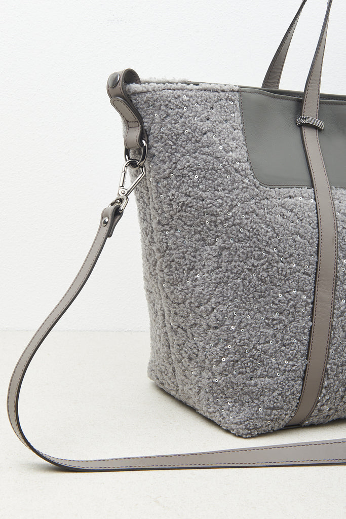 Eco-leather tote bag with sequins and Punto Luce trim  