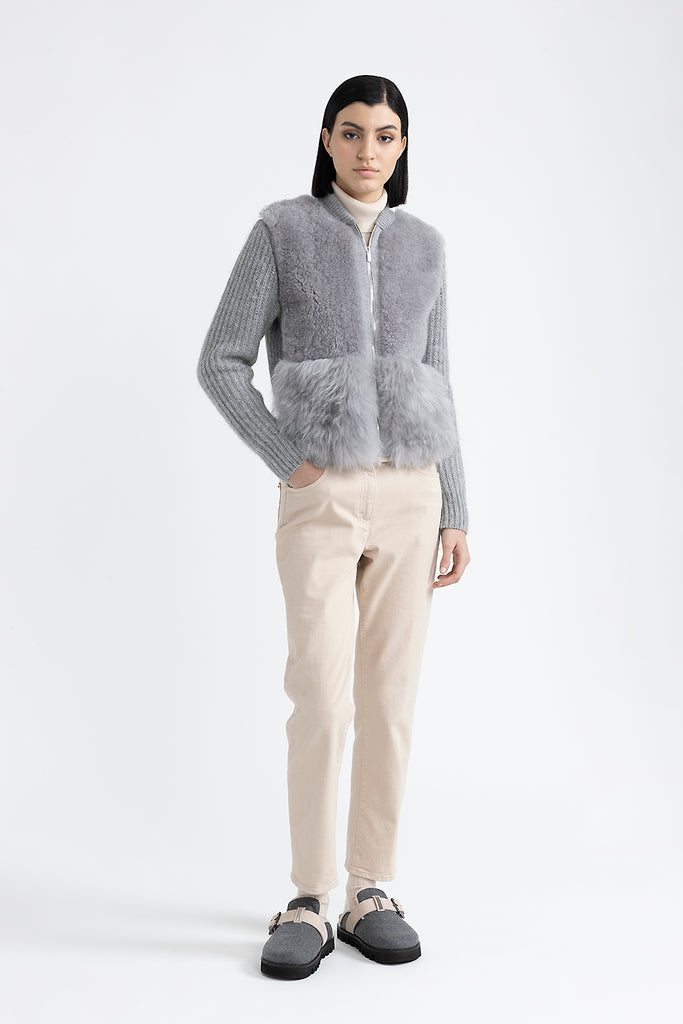 Knitted jacket with fur trim  