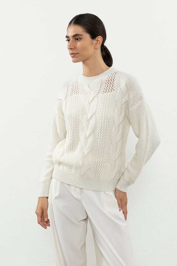 Merino, silk and cashmere cable and mesh sweater  