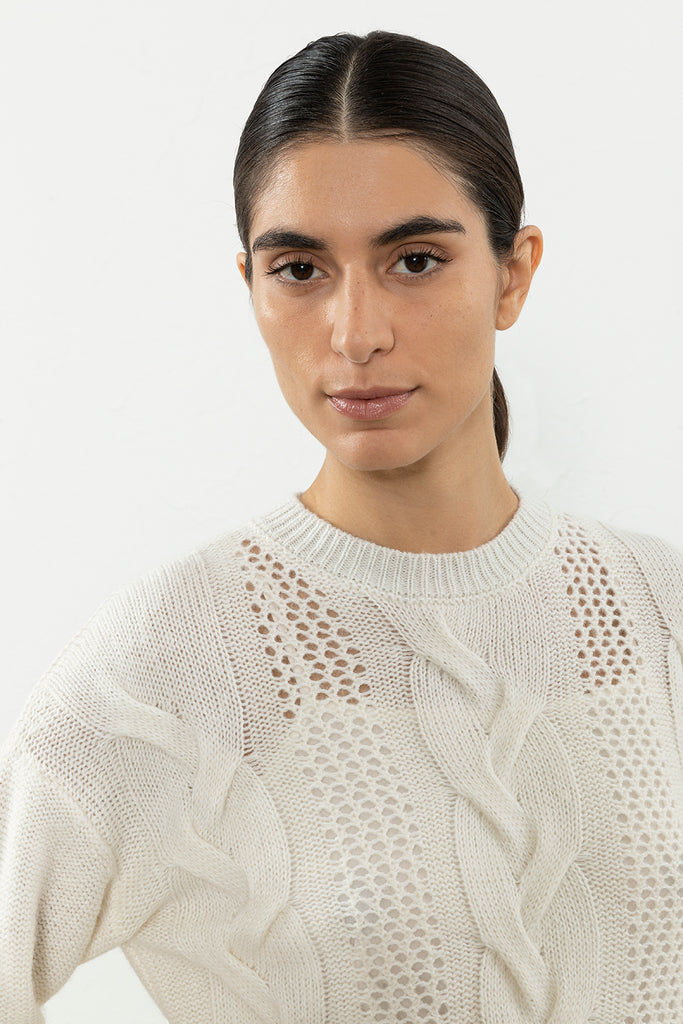 Merino, silk and cashmere cable and mesh sweater  