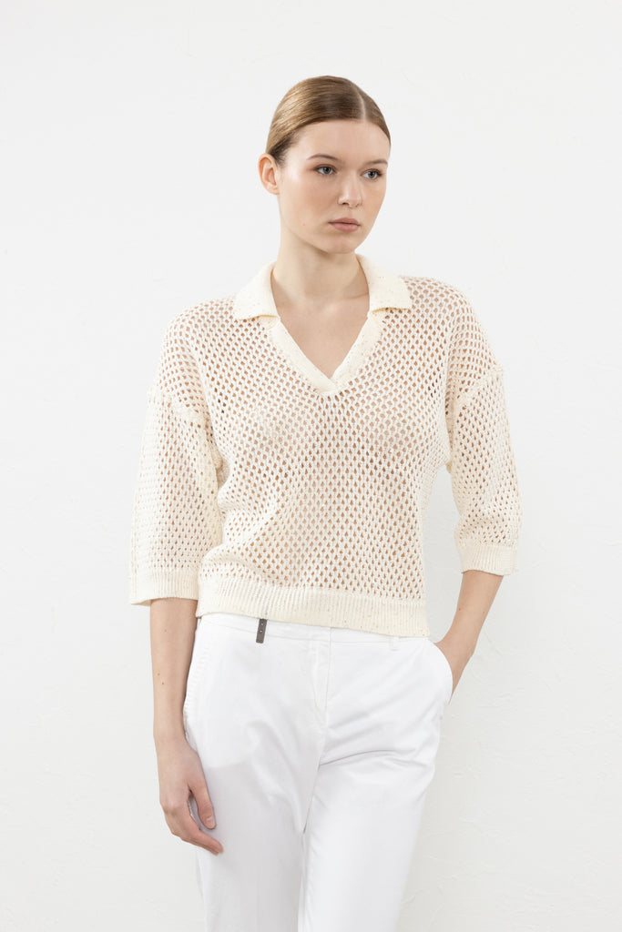 Pure cotton mesh-knit sweater with mini sequins  