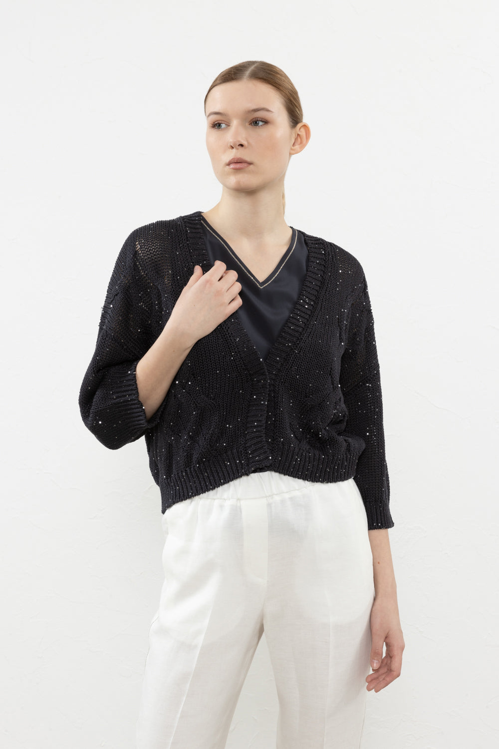 Peserico Cardigan in cordonetto di puro cotone e micro paillettes