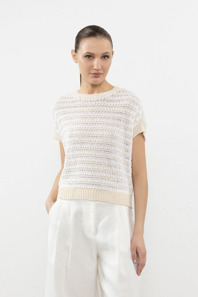 Pure cotton and mini sequin openwork stripe sweater  