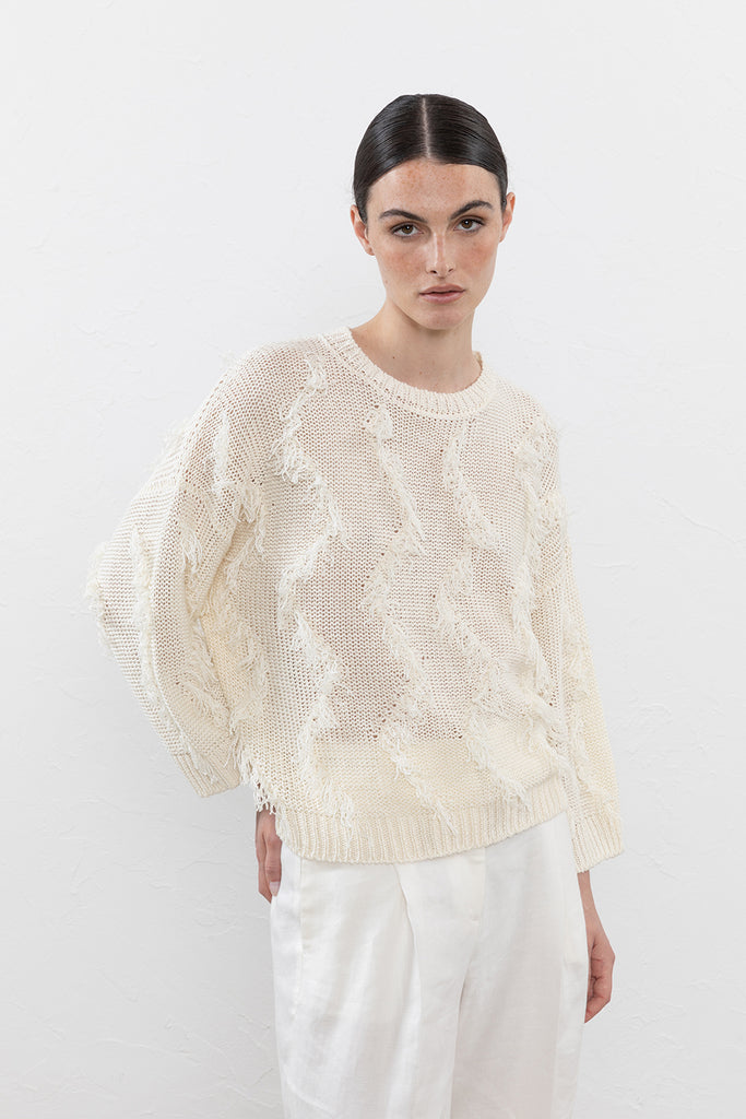 Melange linen and cotton yarn fringed sweater  