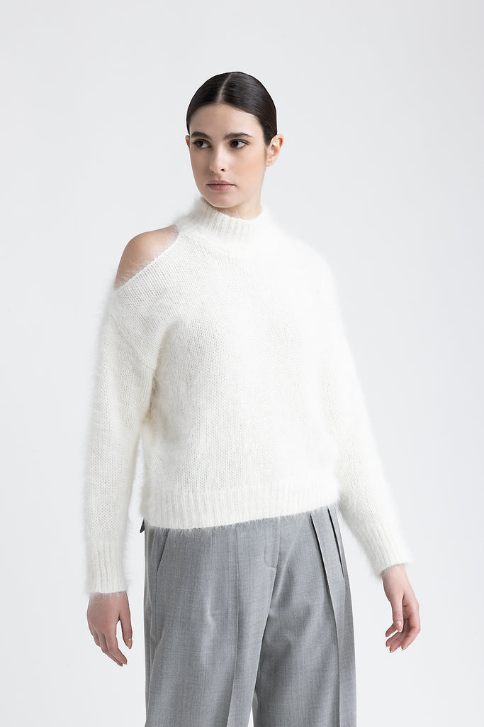 Angora wool sweater with cut out shoulder  