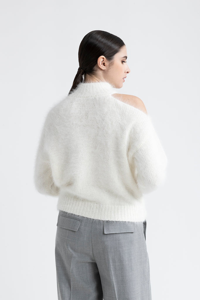 Angora wool sweater with cut out shoulder  