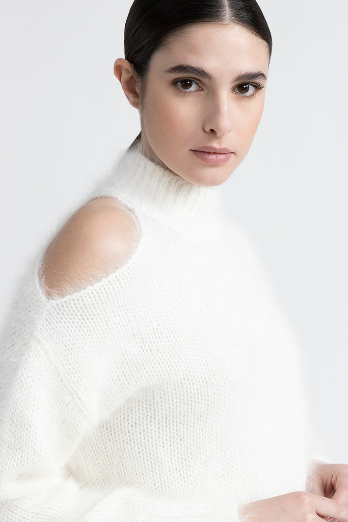 Angora wool sweater with cut out shoulder  