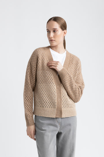 Wool, silk, cashmere, alpaca openwork cardigan  