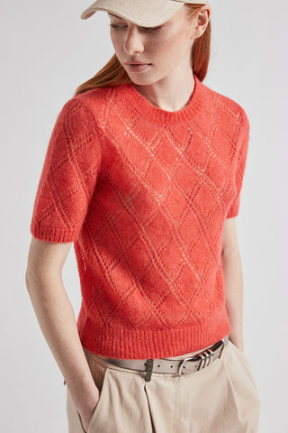 Merino wool and alpaca lace pattern short-sleeved sweater  