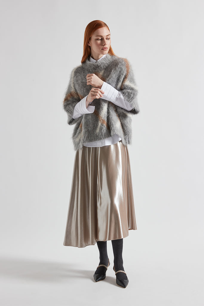 Asymmetrical midi skirt in silver laminated twill  