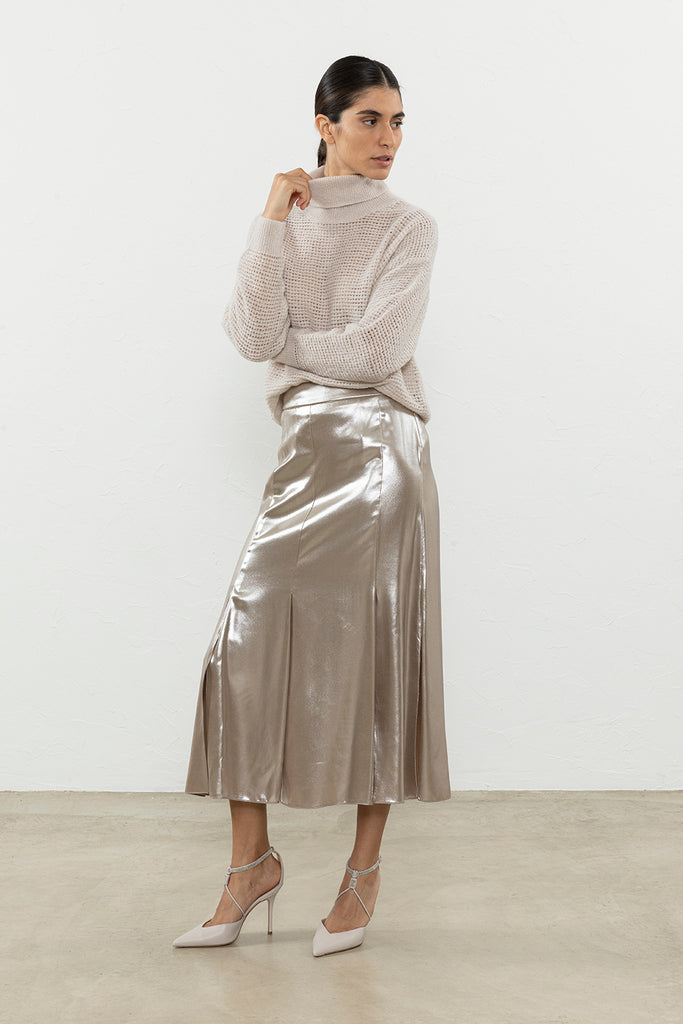 Silver laminated twill long skirt  