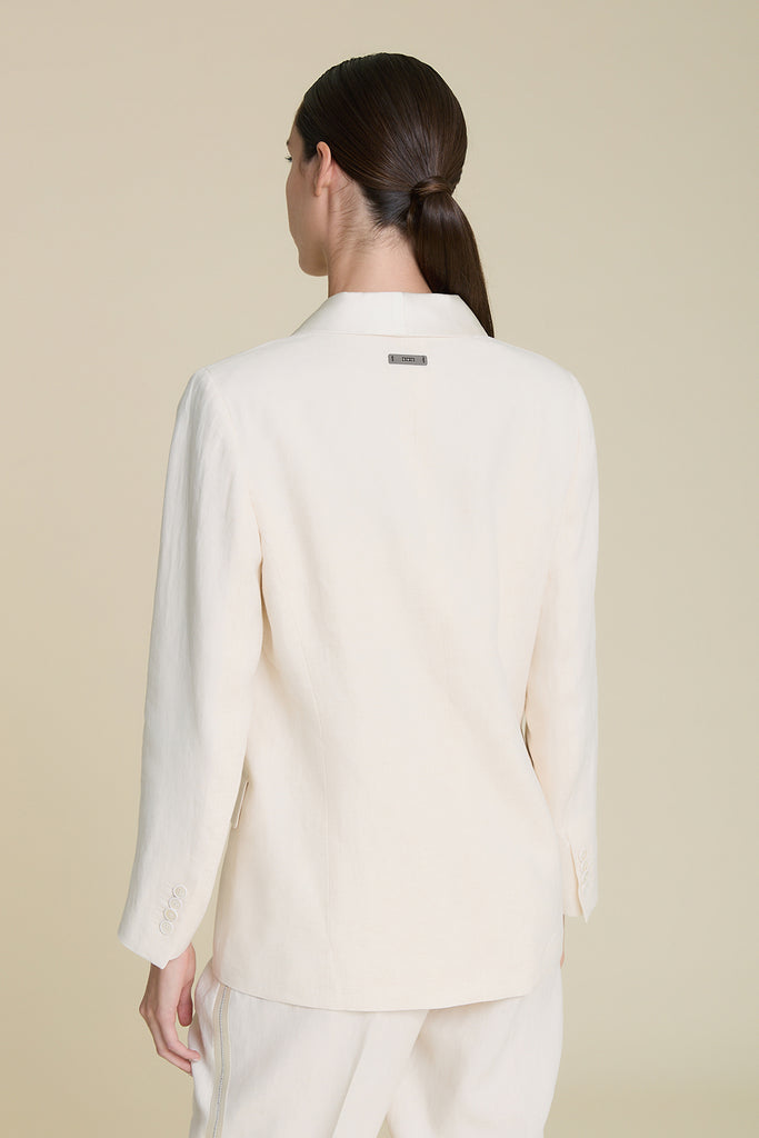 Single-breasted blazer in pure linen with shawl collar in glossy silk satin  