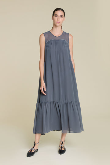 Airy  gauzy flounced dress in light crepe with sparkling chain detail  