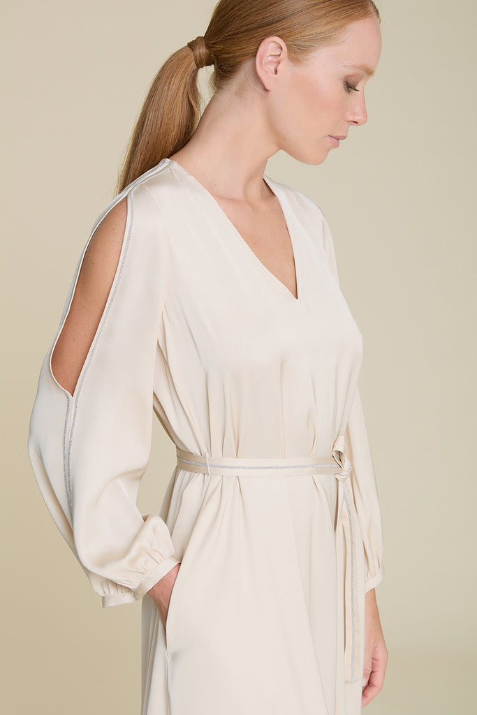 Sophisticated V neck  bare shoulder dress in luminous  fluid viscose satin with sparkling diamond cut chain belt  