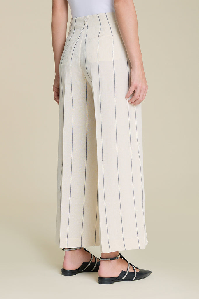 Wide cropped trousers in pure linen and lurex pinstripe  