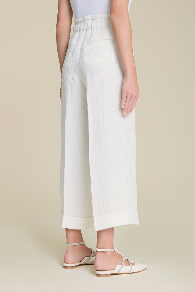 Sophisticated comfort high waist cropped palazzo trousers in pure linen with silver lurex stripes  
