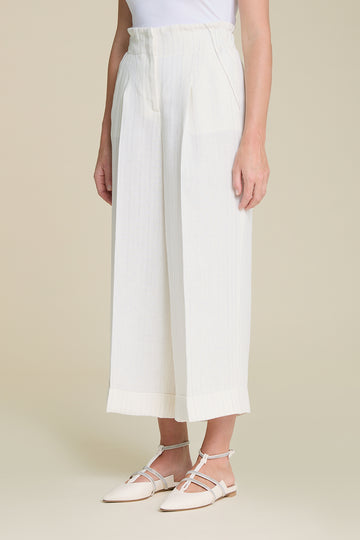 Sophisticated comfort high waist cropped palazzo trousers in pure linen with silver lurex stripes  