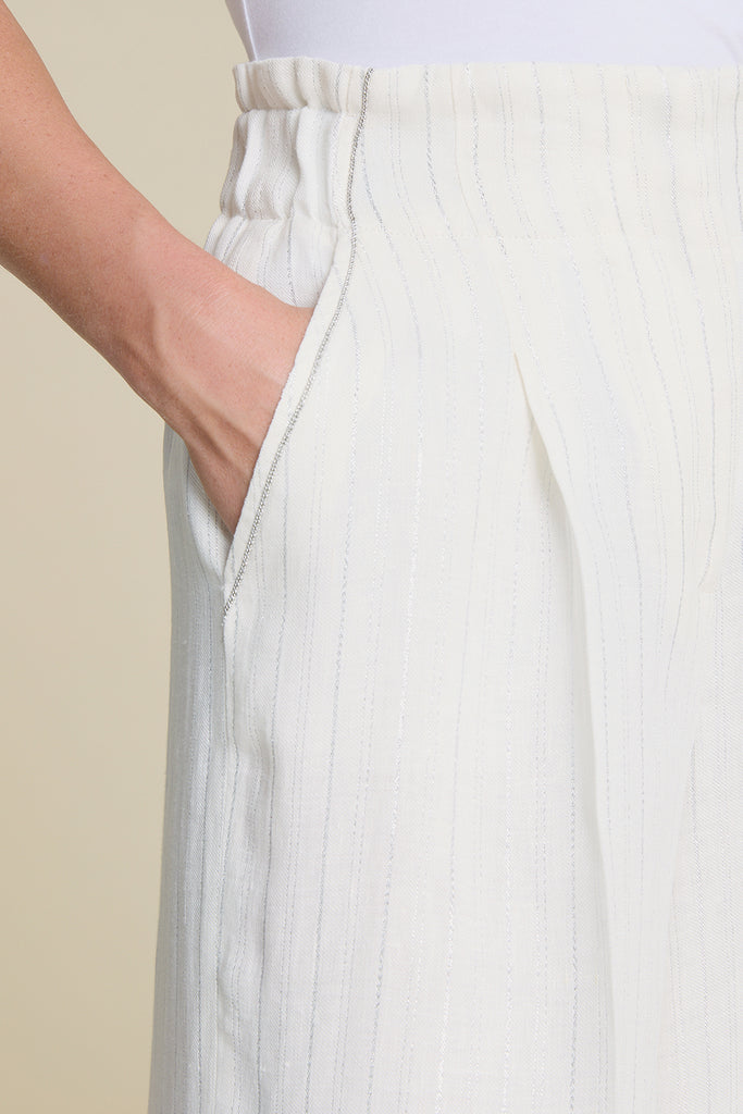 Sophisticated comfort high waist cropped palazzo trousers in pure linen with silver lurex stripes  